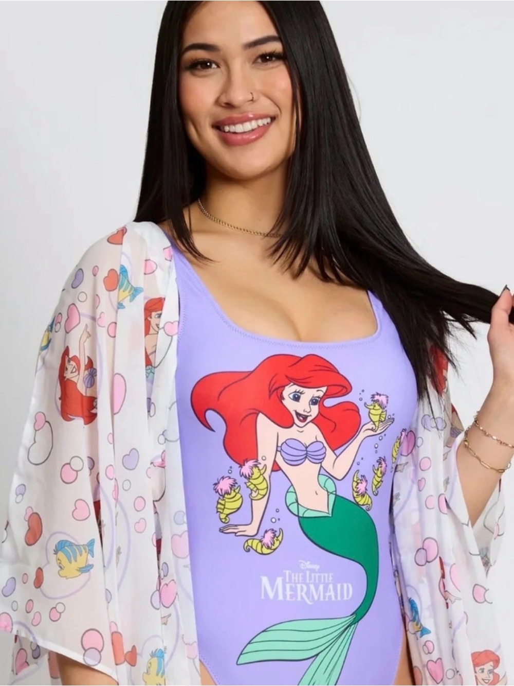 Disney Little Mermaid Ariel Print Beach Cover-Up - Pink & White NWT - Picture 3 of 8
